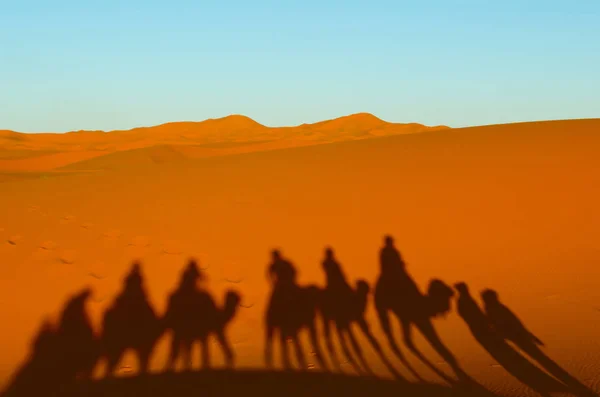 Пустеля Помаранчевими Дюнами Силуетами Людей Верблюдів — стокове фото