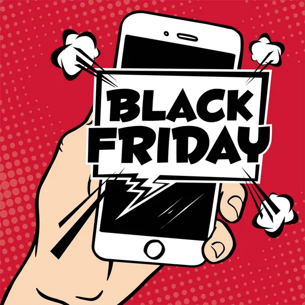 Bannière Black Friday Avec Smartphone Main Humaine Avec Bulle Vocale — Image vectorielle