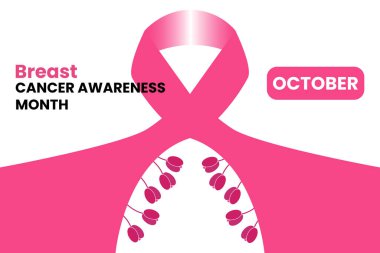 Yaratıcı göğüs kanseri farkındalığı posteri lale çiçekleriyle süslenmiş büyük pembe bir kurdele gösteriyor. Ekim etkinlikleri, kampanyalar ve eğitim sağlık malzemeleri için mükemmel bir tasarım.