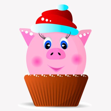 Pembe domuz çörek içinde kırmızı bere içinde. Vektör çizim