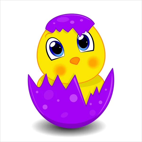Surprised Yellow Chicken Nestling Sits Purple Shell — Stock Vector