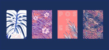 Poster tropikal düz geometrik desenli. Serin renkli arka planlar. Afiş, posterlerini açmaları, posterler, el ilanları için uygulanabilir. Vektör çizim.