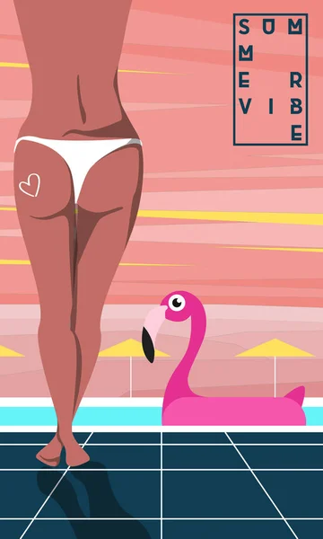 Sommerstimmung Mädchen Das Neben Dem Pool Mit Flamingo Steht Vektorillustration — Stockvektor