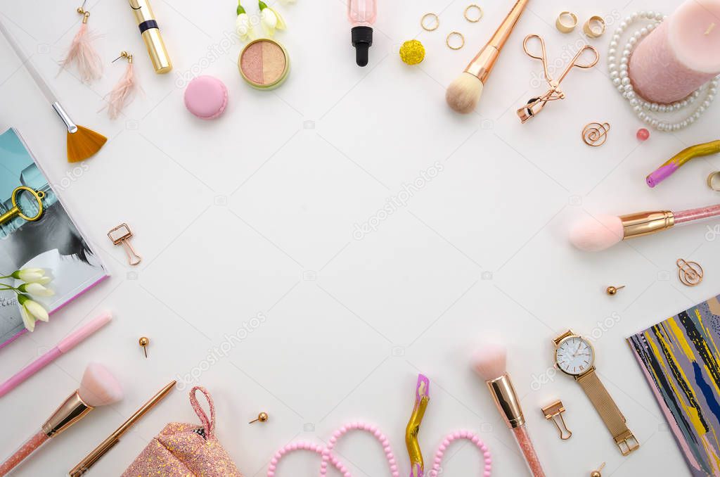 Beauty frame composition with cosmetics, makeup tools and accessory on white background. fashion, party and shopping concept. Flat lay cosmetics frame. Copy space for lettering or text.