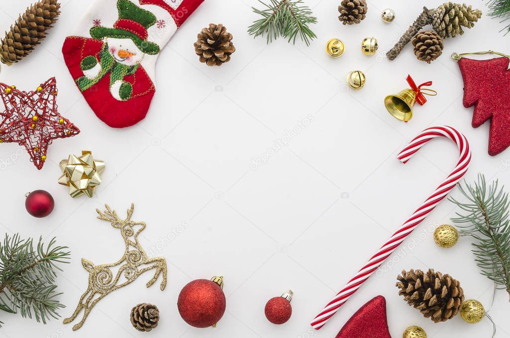 christmas frame. Red, gold and green christmas decoration on white background top view flat lay mockup. greeting card template
