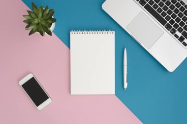 Dizüstü bilgisayar, Not defteri, kalem, cep telefonu ve etli üstten görünüm mavi yat ve iki renk canlı çift tonlu arka plan pembe. Tasarım kadar alay