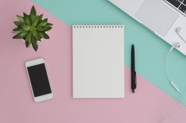 Yaratıcı düz Fotoğraf çalışma masası smartphone, Gözlük, earphones, kaktüs, laptop ve defter kopyalama alanı arka plan, en az tarzı ile yatırın. Düz lay parlak renk arka plan bölme