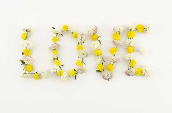 La palabra amor está escrita de flores. composición de flores sobre fondo blanco. LOVE letras florales — Foto de Stock