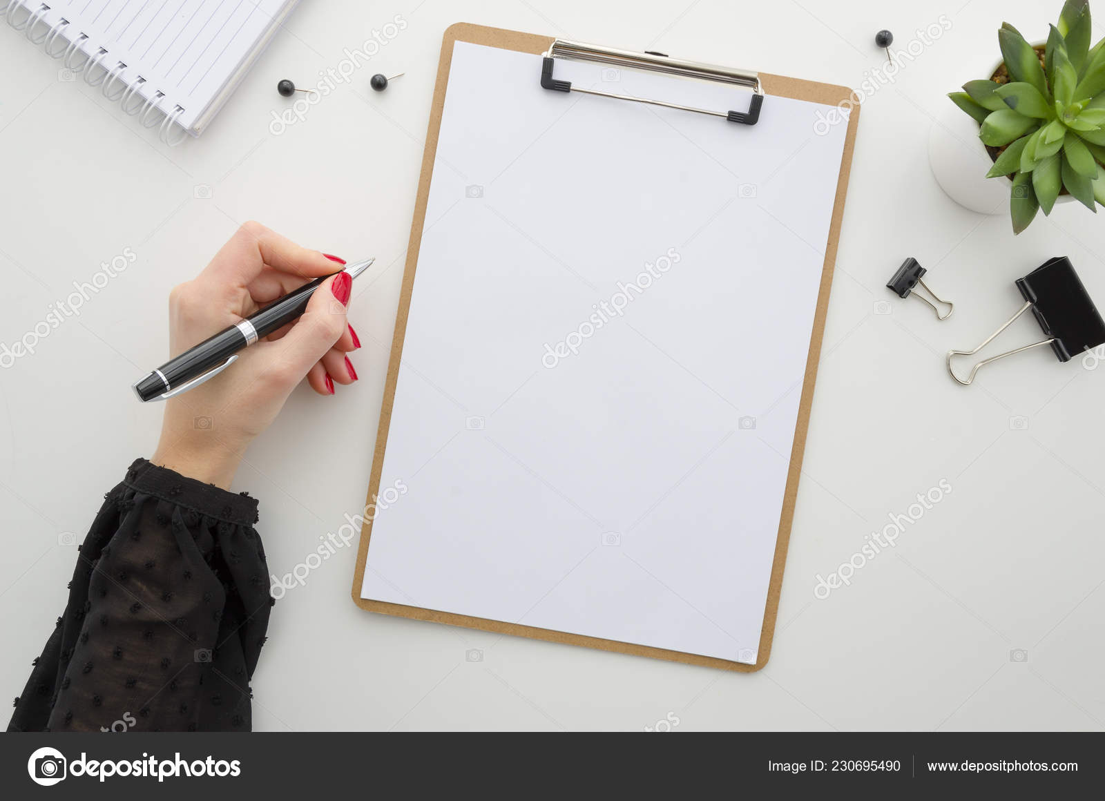 Download Business Woman Working With Documents Clipboard Mockup Template Paperwork Financial Reports Resume Brief Form Contract Beautiful Female Hands In A Black Blouse With A Red Manicure Holding A Pen Stock Photo Image