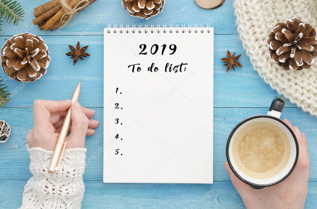 To do list 2019. Woman hand holds coffee and gold pen on rustic blue wooden planks with anise star, pine cones.