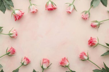 Çiçek kompozisyonu. Pembe arka planda pembe gül çiçeklerinden yapılmış çerçeve. Düz konum, üst görünüm, kopyalama alanı