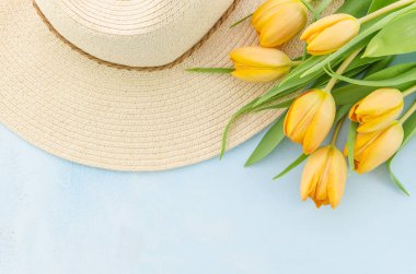 Şapka ve Sarı laleler ışık üzerinde arka plan mavi. İlkbahar Yaz dekore çiçeği, kadın Aksesuar, düz yatıyordu üstten görünüm kopya alanı