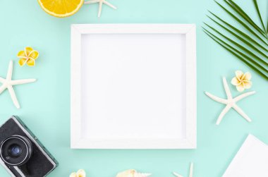 Kopya alanı, portakal, yıldız balıkları ve retro kamera ile beyaz çerçeve. Üst görünüm açık mavi nane tablo. Seyahat mockup kavramı düz yatıyordu