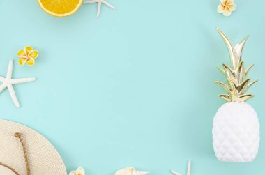 Yaz düz portakal, şapka ve ananas ile çerçeve yatıyordu. Üst görünüm