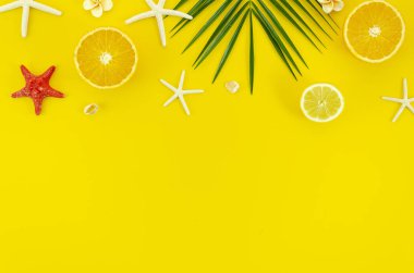 Üst görünüm yolculuk düz palmiye, yıldız balıkları ve portakallar ile sarı arka planda metin için kopya alanı ile köşe çerçevesi yatıyordu