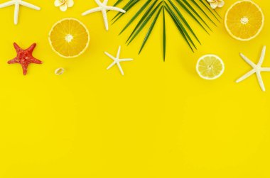 Üst görünüm seyahat düz palmiye yaprağı şube, yıldız balıkları ve portakallar ile sarı arka plan üzerinde metin banner için alan ile köşe çerçevesi yatıyordu