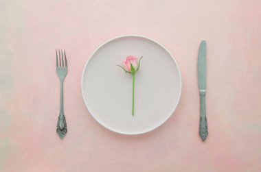 Pembe bir arka plan üzerinde pembe gül ve gümüş ile Closeup çanak. En iyi romantik kavram