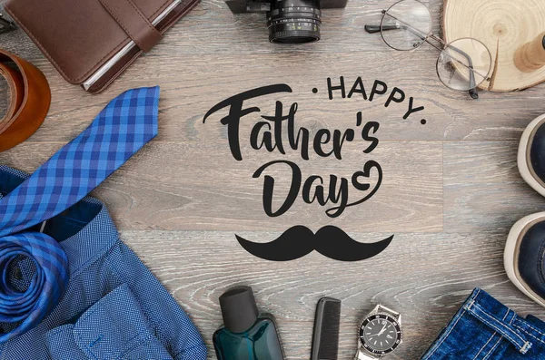 Top view mens accessories and clothes concept. Card with sign greeting text happy fathers day — Stock Photo, Image