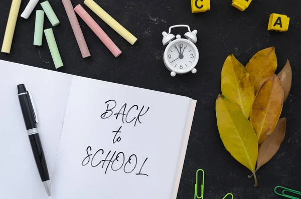 Torniamo al concetto di scuola. Blocco note piatto lay con segno, gessetti e foglie autunnali sopra lavagna aula — Foto Stock