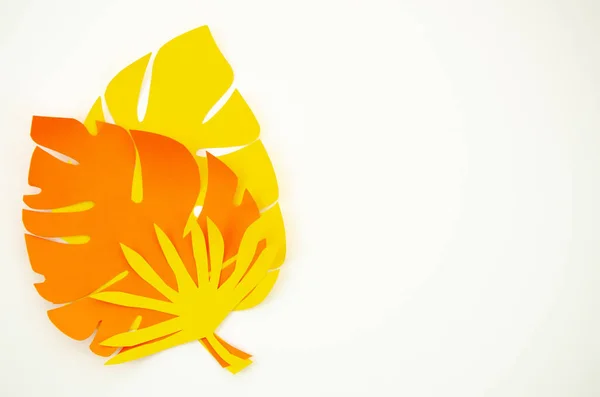 Płaski lay z żółtym i pomarańczowym rzemiosła papieru Kwiaty ramki dekoracji w narożniku na białym tle. Wizualizację ramki z miejscem kopiowania tekstu — Zdjęcie stockowe