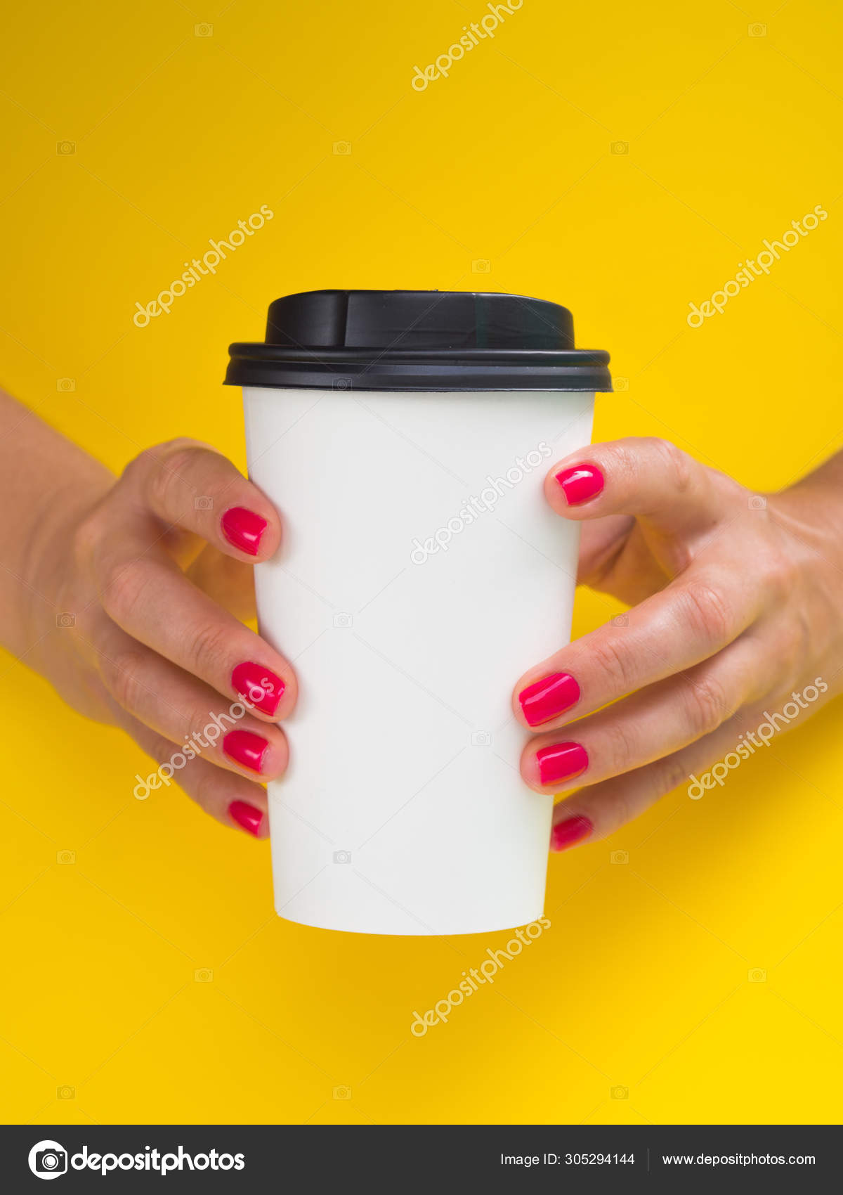 Download Front View Woman Holds Big Paper Coffee Cup Isolated On Yellow White Latte Cup Mockup With Copy Space Stock Photo Image By C Woodpencil 305294144