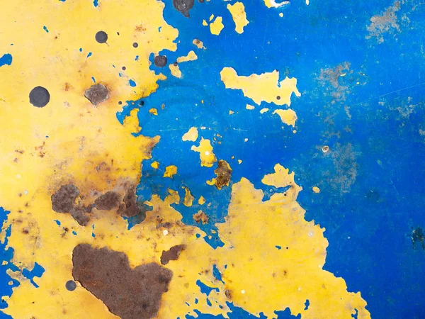 Métal acier peint bleu et jaune vintage avec fond de texture rouille — Photo