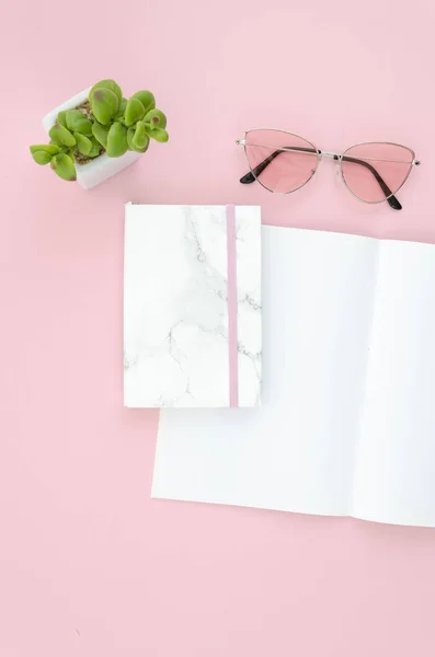 Topo vista mockup desktop com óculos rosa, abriu bloco de notas em branco e planta. Plano leigos ainda conceito de vida no fundo rosa — Fotografia de Stock
