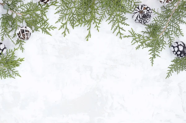 Jul nyår Flat Lay ram gjord av tallkottar och Gran grenar på vit snö konsistens. Mockup med kopierings utrymme — Stockfoto