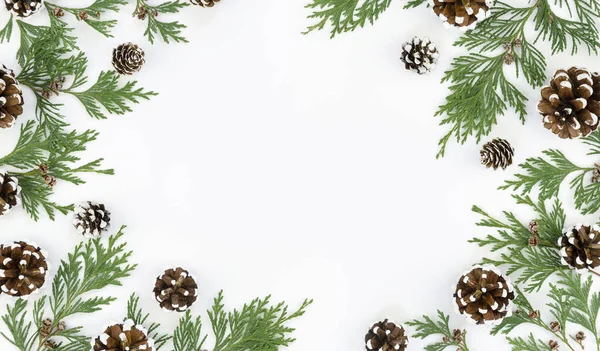 Piatto laici sfondo di Natale con rami di abete e pigne. Cornice floreale per Capodanno 2020. Mockup di confine con spazio di copia per il testo — Foto Stock