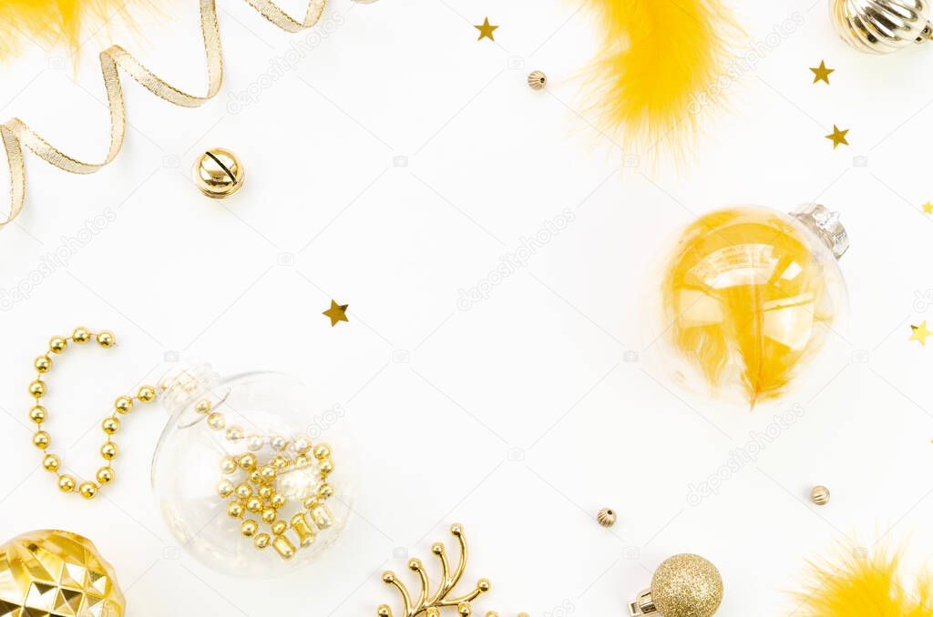 Christmas transparent balls with golden decoration, ribbon, feathers and beads on corners. Frame mockup with modern fashion xmas tree decorations on a white background