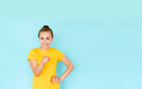 I choose you point gesture mockup. Smiling girl point you, want you, portrait on color studio background