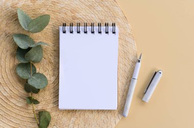 Minimum defter modeli. Fotokopi alanı, kalem ve okaliptüs yapraklı boş kağıt tabaka. Üst görünüm