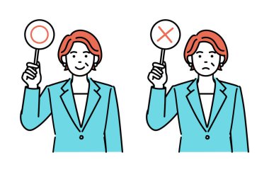 Yetişkin bir iş kadınının elinde doğru ya da yanlış bir etiket tutmasının basit bir çizimi.