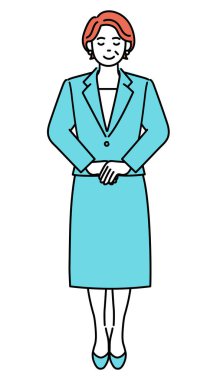 Gülümseyen ve yere bakan gözlerle duran yetişkin bir iş kadınının basit bir çizimi..