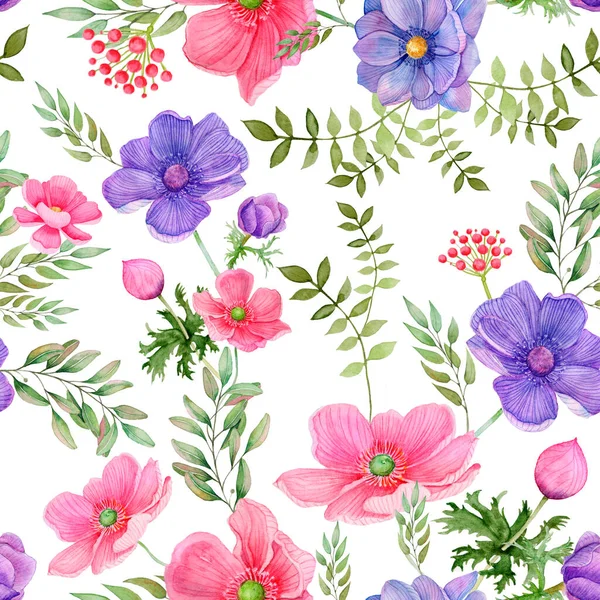 Seamless pattern of pink and purple meadow flowers on a white background.