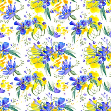 Sarı lekeli mor çiçeklerin kusursuz suluboya deseni.