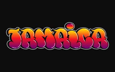 Canlı bir tasarım, Jamaika 'yı graffiti tarzında heceliyor. Siyah bir arkaplana karşı renklerin gradyanı çizilmiş..