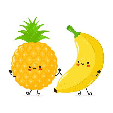 El ele tutuşan ve gülümseyen bir ananas ve muz karakterinin sevimli bir çizimi. Yiyeceklerle ilgili projeler ve neşeli tasarımlar için mükemmel..