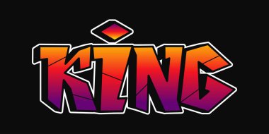 Grafiti sanatında King kelimesi canlı, gradyan renklerle koyu siyah bir arkaplan üzerine kurulmuş, kentsel tarzda yayılıyor..