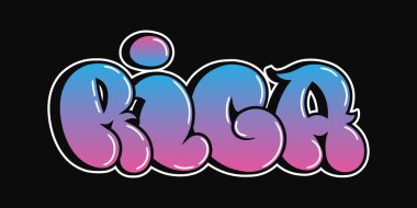 Bu resimde RIGA kelimesi siyah arkaplan ve şehir sanatı ve tasarım projeleri için mükemmel olan renkli graffiti tarzında yer almaktadır..