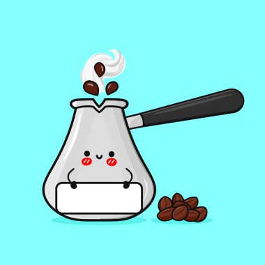 Neşeli bir moka pot karakterinin hoş bir çizimi boş bir tabela tutuyor, metin eklemek ya da kahveyle ilgili içeriği desteklemek için mükemmel, canlı mavi bir arkaplan üzerine kurulmuş..