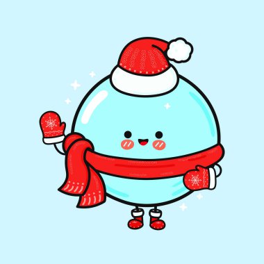 Baloncuğa benzeyen neşeli bir çizgi film karakteri Noel için giyinmiş, Noel Baba şapkası, eldiven ve eşarp takıyor. Neşeyle gülümsüyor..