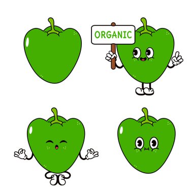 Çeşitli pozlarda sevimli karikatür çan biberi çizimleri, organik bir işaret tutmak ve farklı duygular göstermek de dahil. Sağlıklı beslenme ya da yemek kavramları için mükemmel..