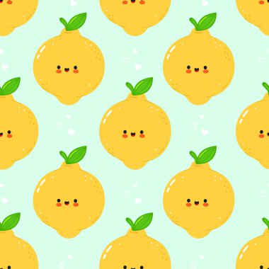 Neşeli, tekrarlayan bir desen, açık mavi arka planda yeşil yapraklı gülümseyen limonlar ve küçük beyaz kalpler içerir..