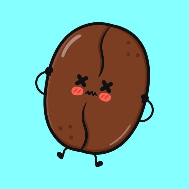 Gözleri şaşı, yanakları kızarmış, sıkıntılı görünen sevimli bir kahve çekirdeği. Fasulyenin küçük kolları ve bacakları var, yumuşak mavi bir zemine kurulmuş..