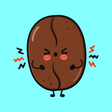 Sevimli bir çizgi film kahve çekirdeği, kızarmış yanaklar ve kızgın sembollerle dolu, canlı mavi bir zemin üzerine kurulmuş, huysuz bir ifadeyle tasvir edilir..