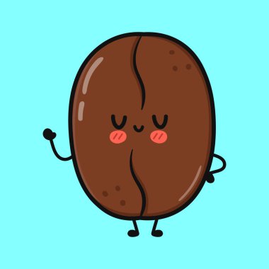 Gülümseyen yüzlü ve pembe yanaklı mutlu kahve çekirdeğinin büyüleyici bir çizimi, canlı mavi bir arkaplan üzerine kurulmuş. Fasulye elini sallıyor..