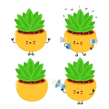 Bu resimde, her biri farklı aktivitelere katılan, neşeli ve neşeli bir sahne yaratan sarı yüzlü sevimli çizgi film bitkileri yer alıyor..