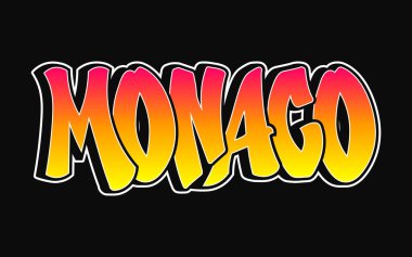 Değişik renklere ve beyaz hatlara sahip Monako kelime sanatı. Tasarım konsepti için sokak sanatı tarzında şehir tipografisi