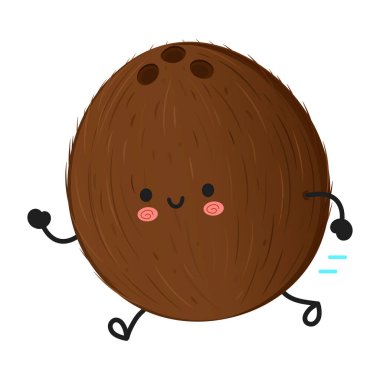 Hindistan cevizi karakteri gülümseyip koşuyor, çizgi film çizimleri mutluluğu ve tropikal meyve kavramını temsil ediyor.